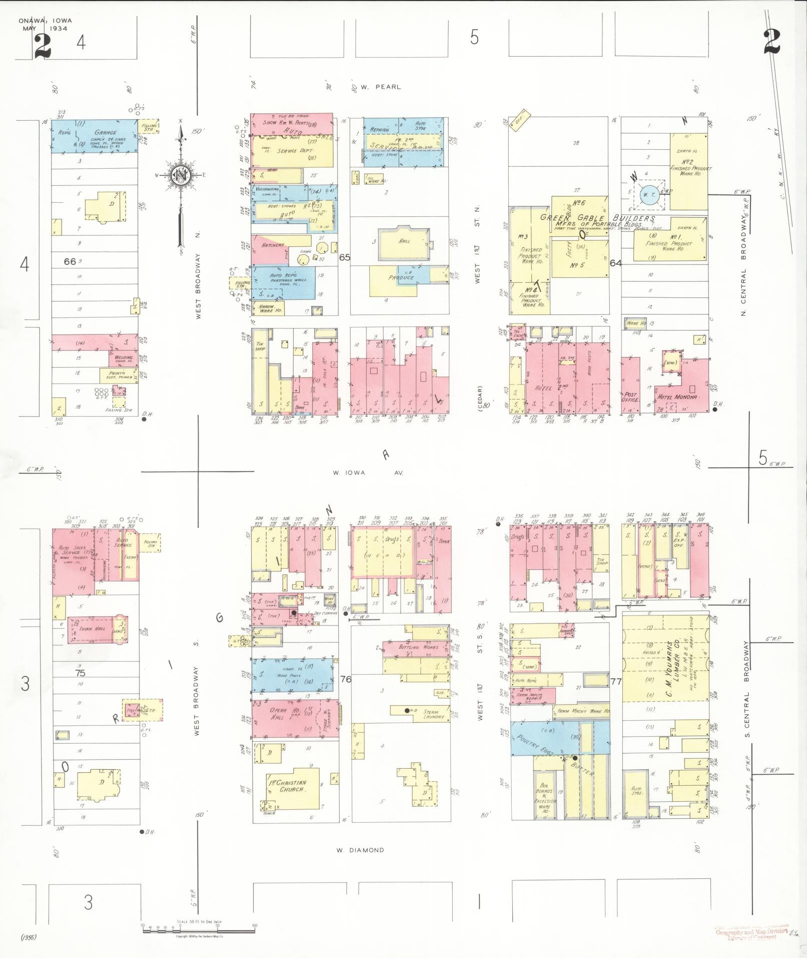 Sanborn Fire Insurance Map from Onawa, Monona County, Iowa (1934), Sheet #0002 - Historic Sanborn Fire Insurance Map Print