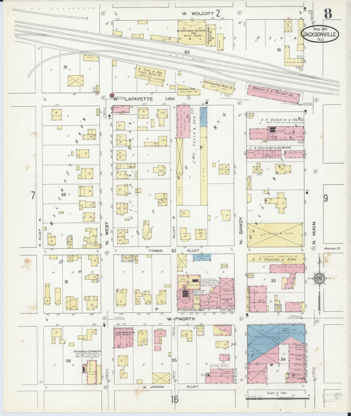 Sanborn Fire Insurance Map from Jacksonville, Morgan County, Illinois (1914), Sheet #0008 - Complete Map Set gallery image, historic Sanborn map, vintage wall art, Illinois Illinois
