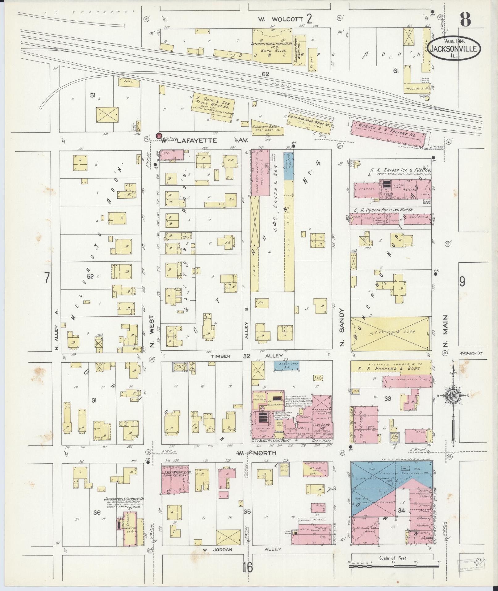 Sanborn Fire Insurance Map from Jacksonville, Morgan County, Illinois (1914), Sheet #0008 - Complete Map Set gallery image, historic Sanborn map, vintage wall art, Illinois Illinois
