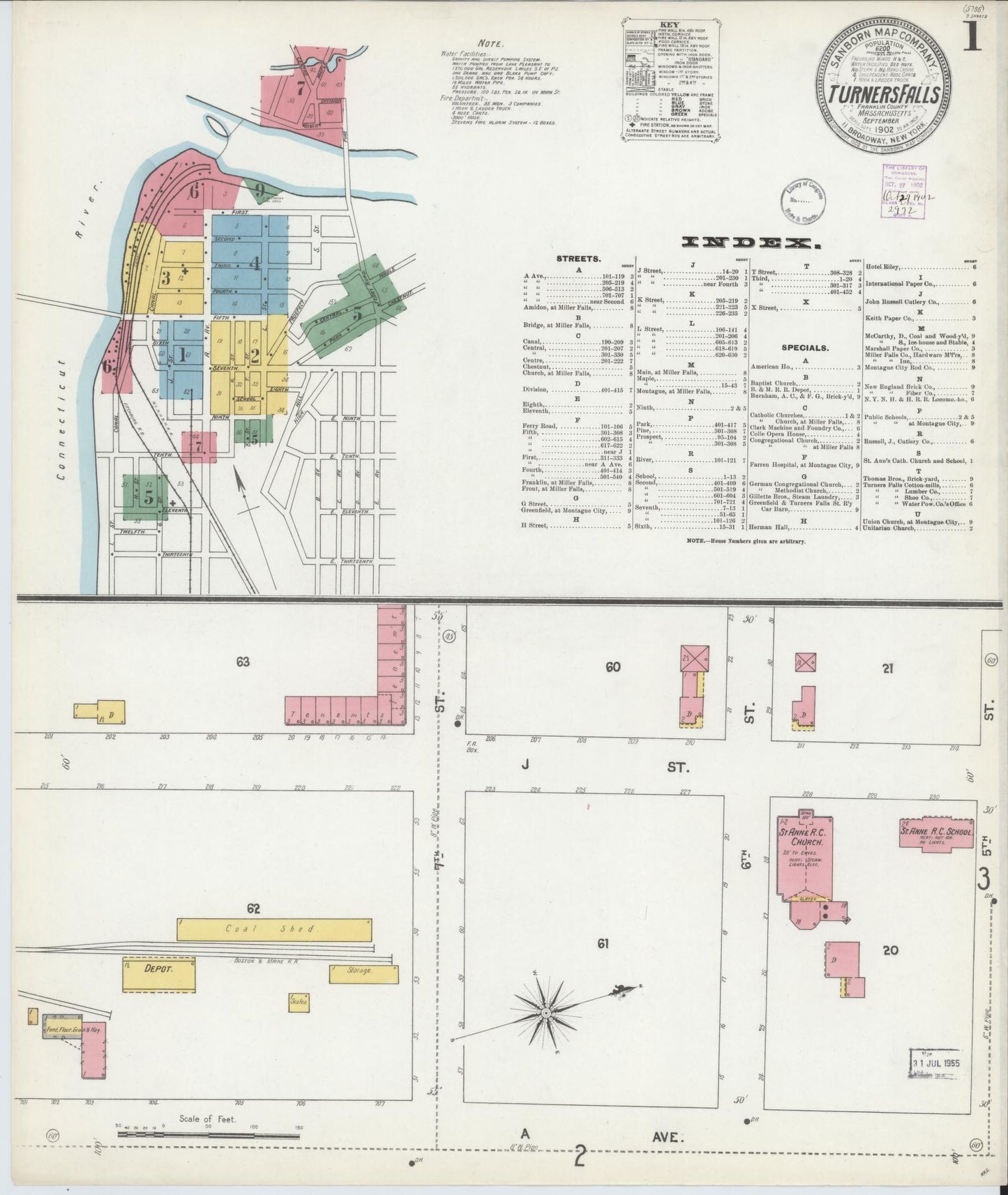 Sanborn Fire Insurance Map from Turners Falls, Franklin County, Massachusetts (1902), Sheet #0001 - Historic Sanborn Fire Insurance Map Print, vintage old map wall art, antique decor, genealogy gift, Massachusetts Massachusetts map