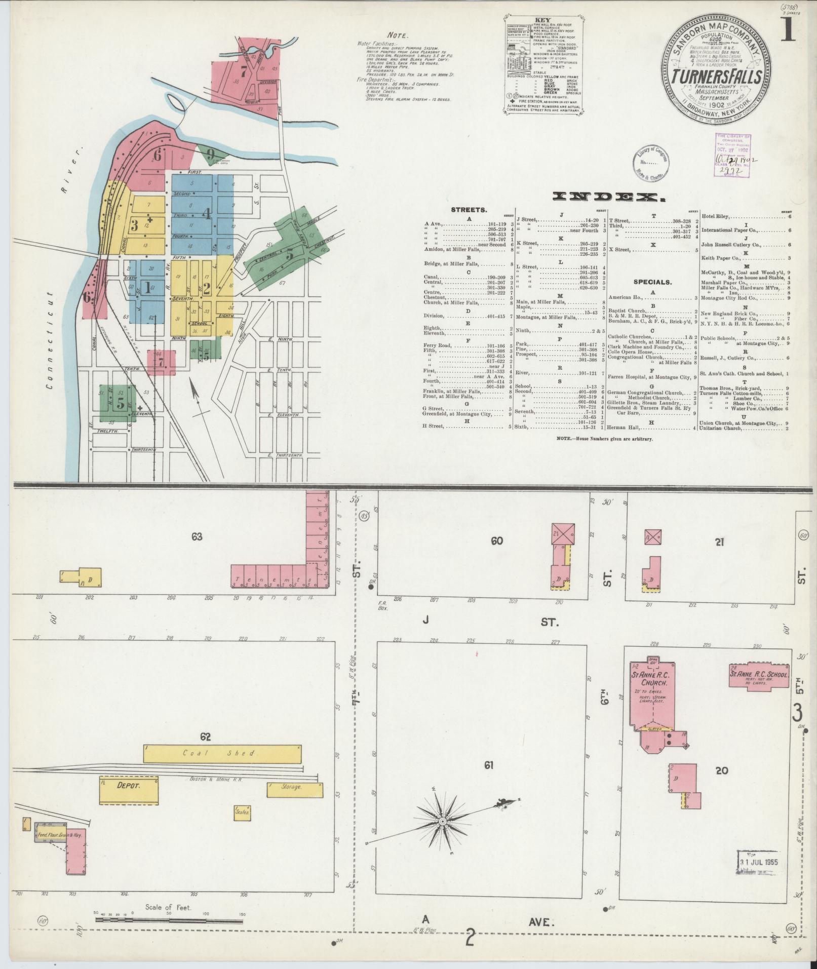 Sanborn Fire Insurance Map from Turners Falls, Franklin County, Massachusetts (1902), Sheet #0001 - Historic Sanborn Fire Insurance Map Print, vintage old map wall art, antique decor, genealogy gift, Massachusetts Massachusetts map