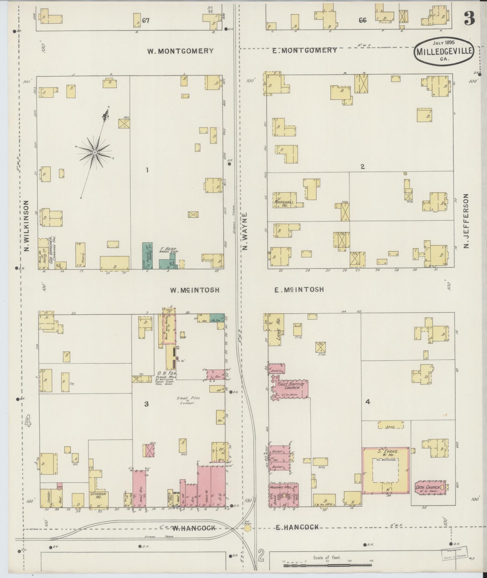 Sanborn Fire Insurance Map from Milledgeville, Baldwin County, Georgia (1895), Sheet #0003 - Historic Sanborn Fire Insurance Map Print, vintage old map wall art, antique decor, genealogy gift, Georgia Georgia map