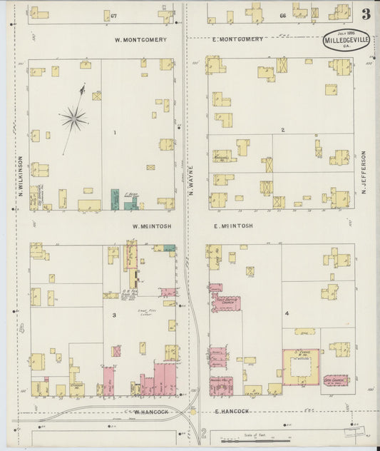 Sanborn Fire Insurance Map from Milledgeville, Baldwin County, Georgia (1895), Sheet #0003 - Historic Sanborn Fire Insurance Map Print, vintage old map wall art, antique decor, genealogy gift, Georgia Georgia map