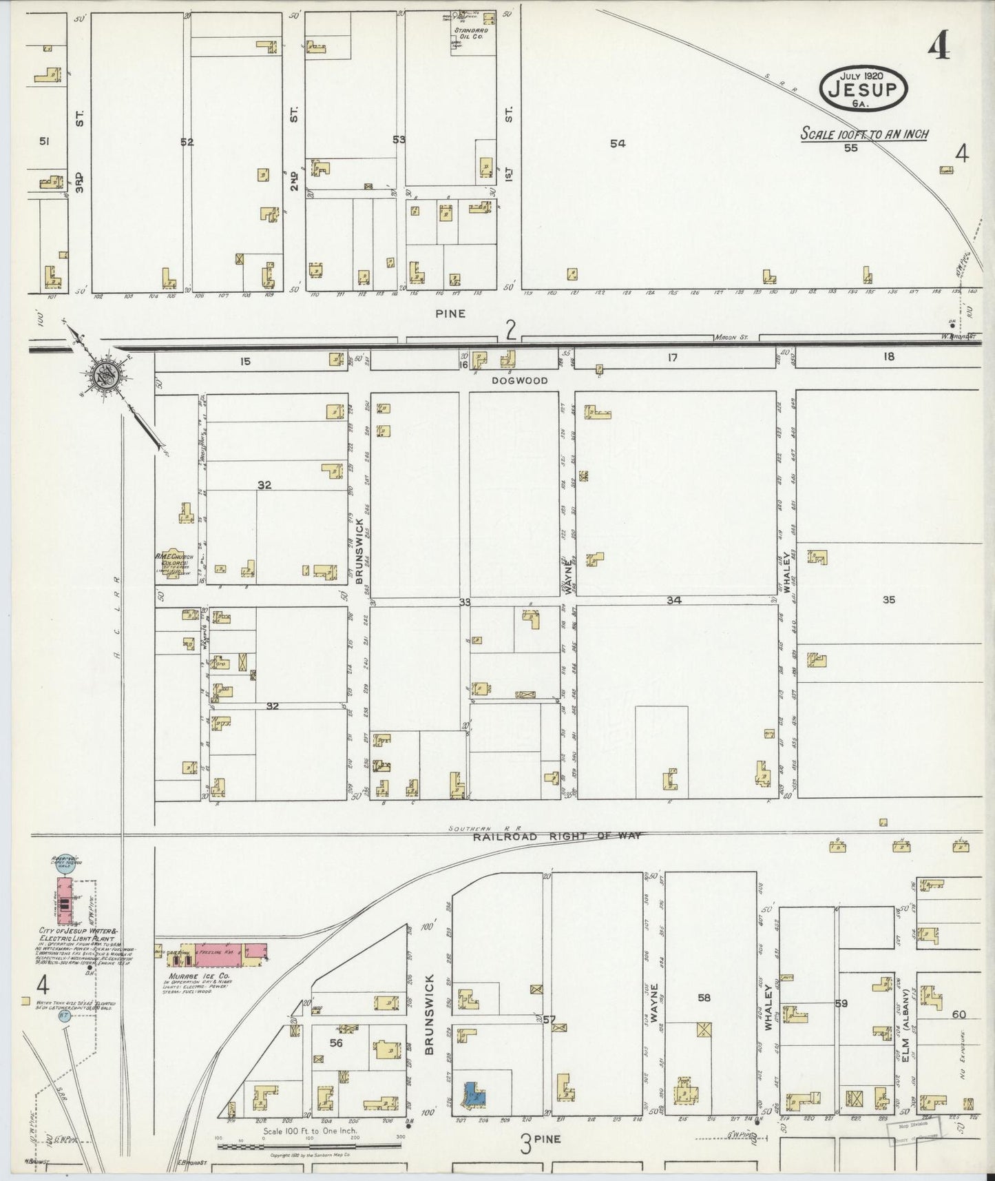 Sanborn Fire Insurance Map from Jesup, Wayne County, Georgia (1920), Sheet #0004 - Complete Map Set gallery image, historic Sanborn map, vintage wall art, Georgia Georgia