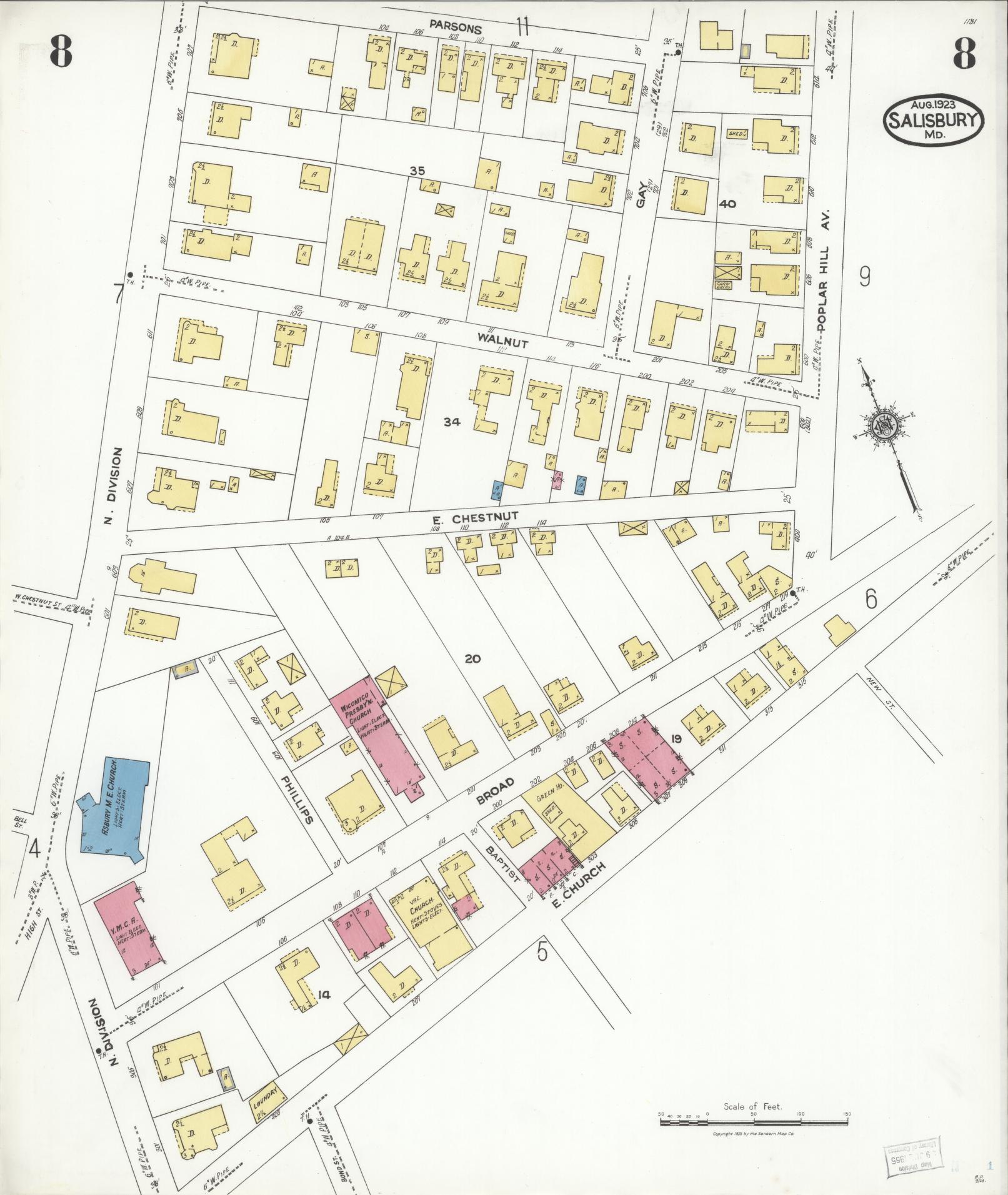 Sanborn Fire Insurance Map from Salisbury, Wicomico County, Maryland (1923), Sheet #0008 - Historic Sanborn Fire Insurance Map Print, vintage old map wall art, antique decor, genealogy gift, Maryland Maryland map
