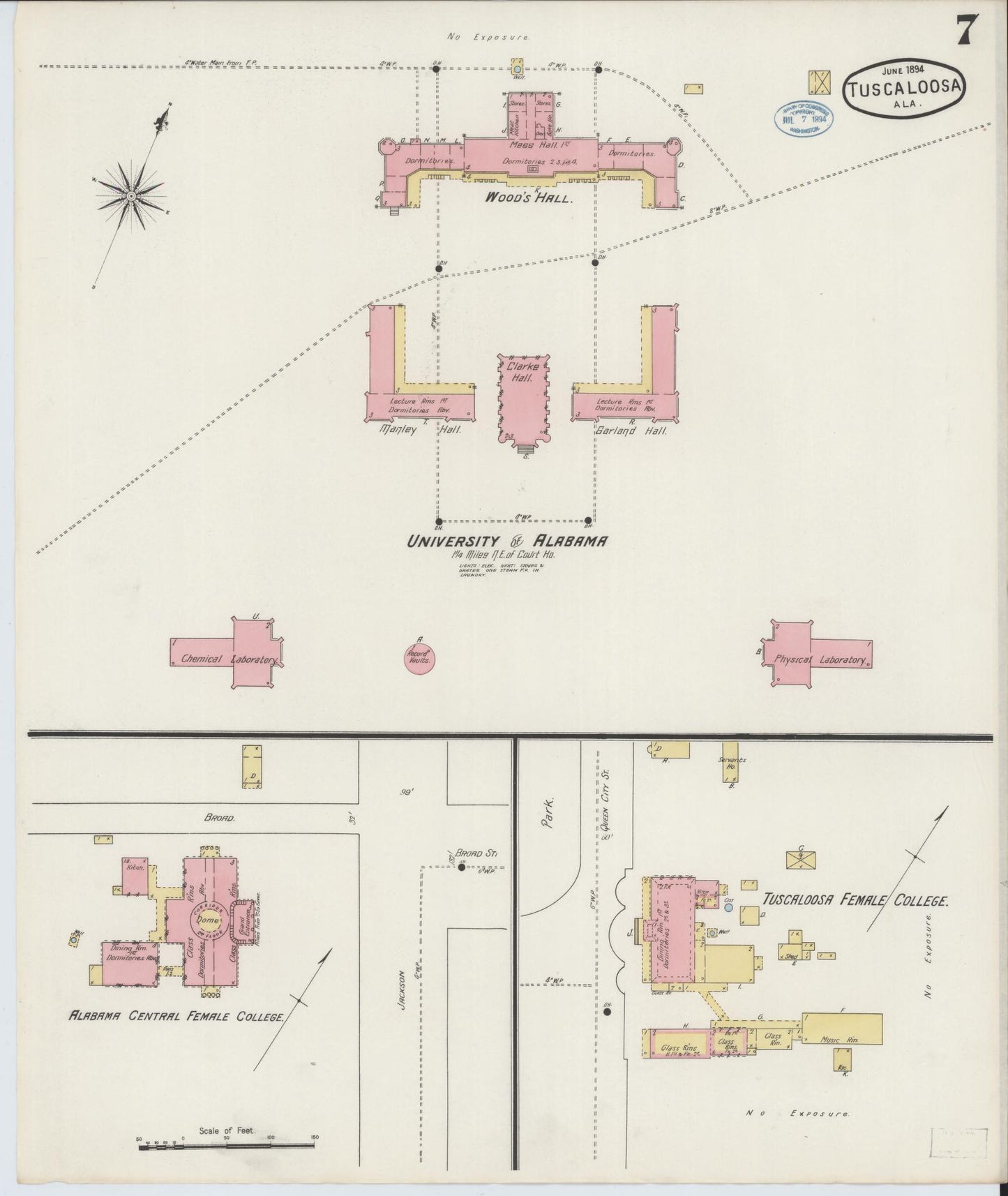 Sanborn Fire Insurance Map from Tuscaloosa, Tuscaloosa County, Alabama (1894), Sheet #0007 - Complete Map Set gallery image, historic Sanborn map, vintage wall art, Alabama Alabama