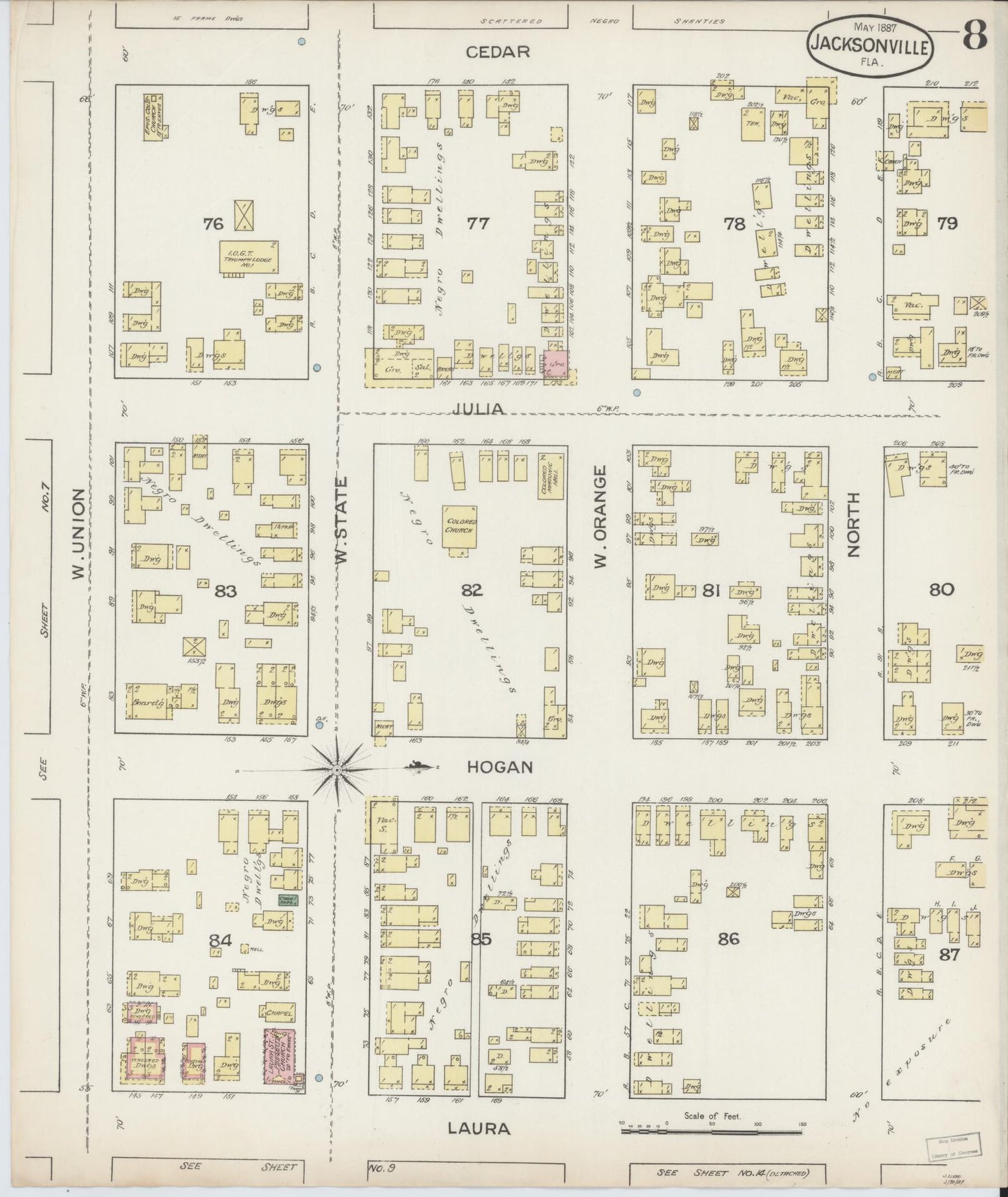 Sanborn Fire Insurance Map from Jacksonville, Duval County, Florida (1887), Sheet #0008 - Complete Map Set gallery image, historic Sanborn map, vintage wall art, Florida Florida