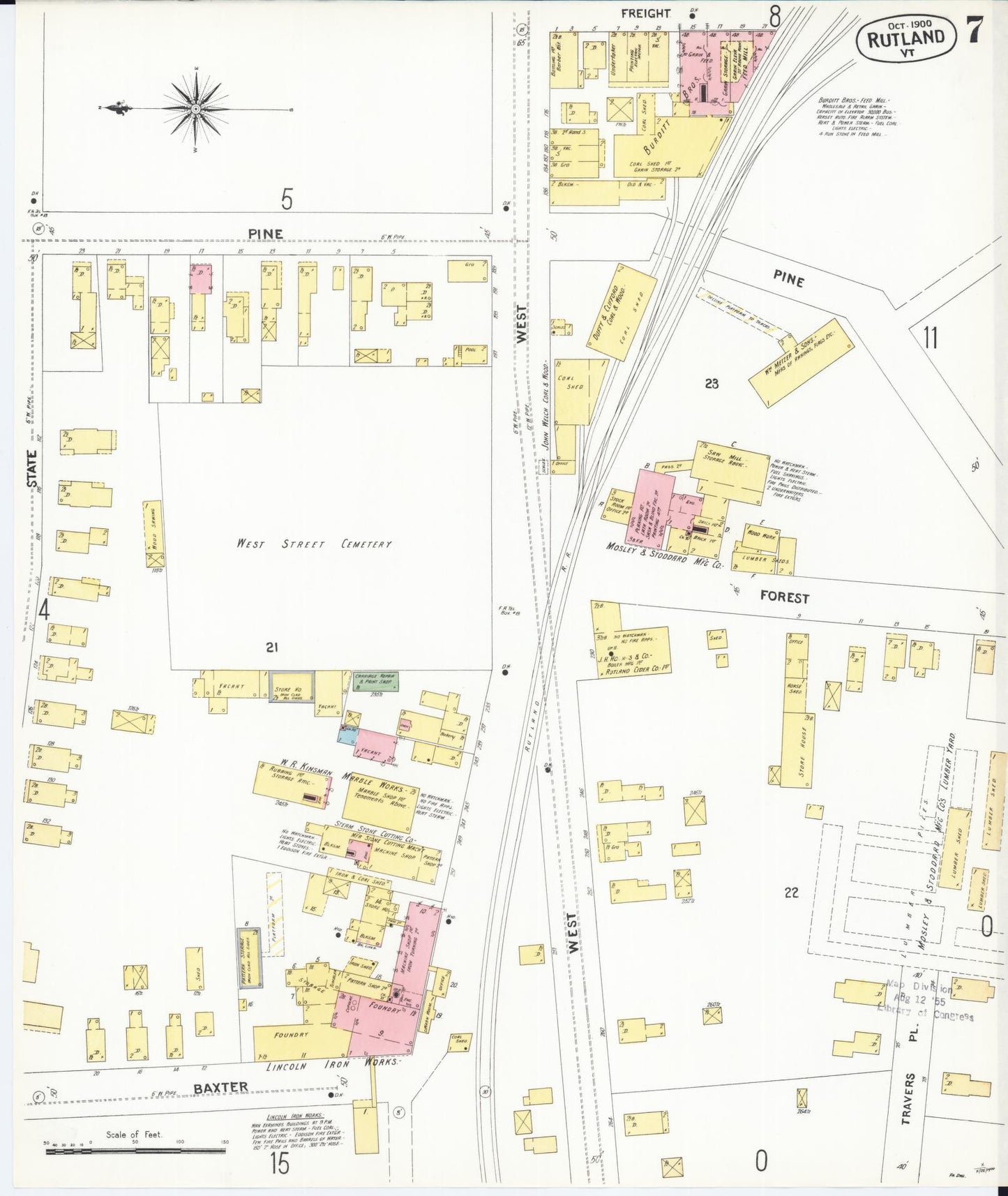 Sanborn Fire Insurance Map from Rutland, Rutland County, Vermont (1900), Sheet #0007 - Historic Sanborn Fire Insurance Map Print, vintage old map wall art, antique decor, genealogy gift, Vermont Vermont map