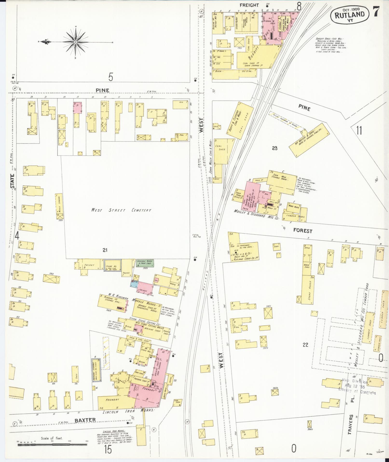 Sanborn Fire Insurance Map from Rutland, Rutland County, Vermont (1900), Sheet #0007 - Historic Sanborn Fire Insurance Map Print, vintage old map wall art, antique decor, genealogy gift, Vermont Vermont map
