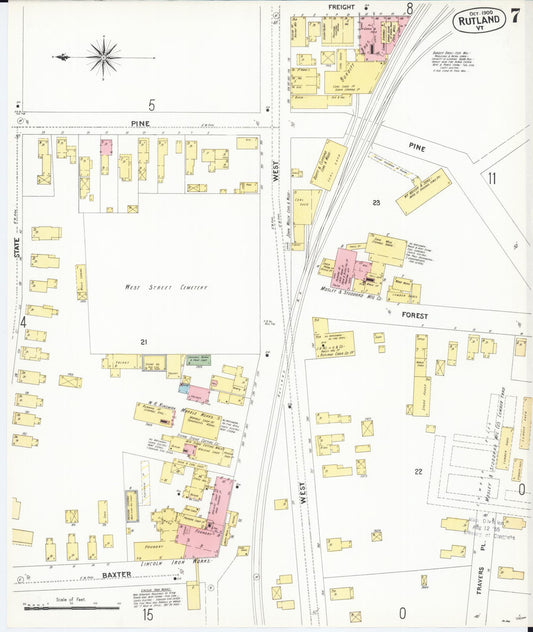 Sanborn Fire Insurance Map from Rutland, Rutland County, Vermont (1900), Sheet #0007 - Historic Sanborn Fire Insurance Map Print, vintage old map wall art, antique decor, genealogy gift, Vermont Vermont map