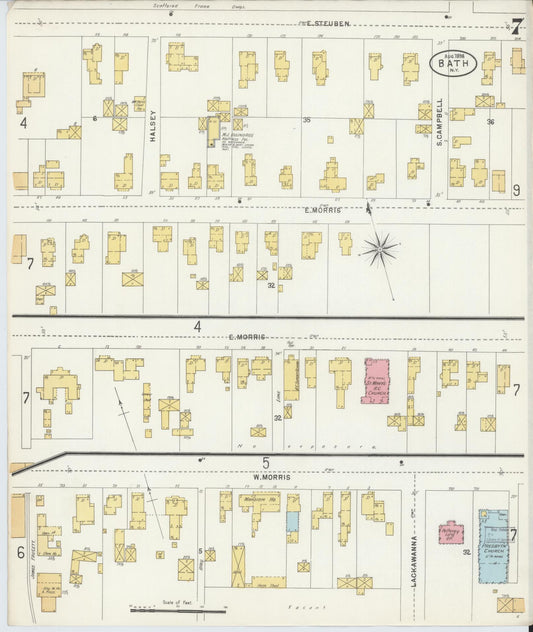 Sanborn Fire Insurance Map from Bath, Steuben County, New York (1898), Sheet #0007 - Historic Sanborn Fire Insurance Map Print, vintage old map wall art, antique decor, genealogy gift, New York New York map