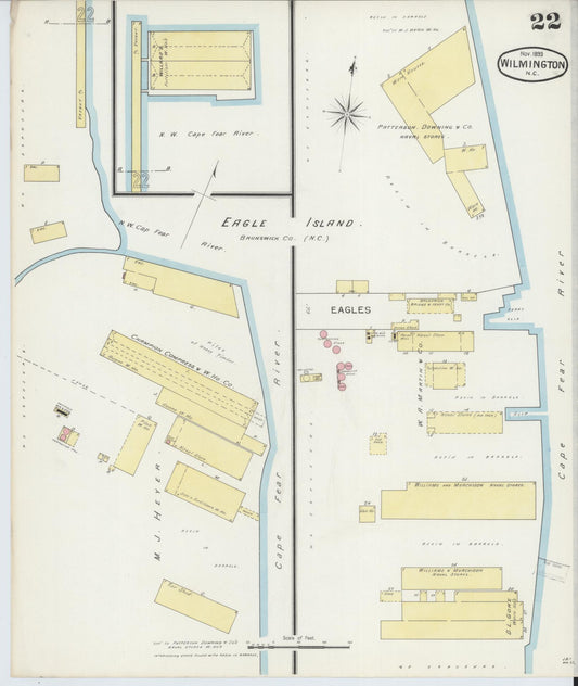 Sanborn Fire Insurance Map from Wilmington, New Hanover County, North Carolina (1893), Sheet #0022 - Historic Sanborn Fire Insurance Map Print, vintage old map wall art, antique decor, genealogy gift, North Carolina North Carolina map