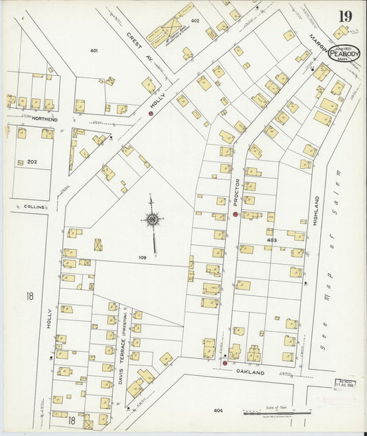 Sanborn Fire Insurance Map from Peabody, Essex County, Massachusetts (1920), Sheet #0019 - Historic Sanborn Fire Insurance Map Print, vintage old map wall art, antique decor, genealogy gift, Massachusetts Massachusetts map