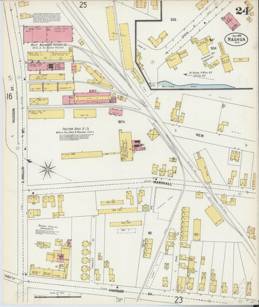 Sanborn Fire Insurance Map from Nashua, Hillsborough County, New Hampshire (1902), Sheet #0024 - Historic Sanborn Fire Insurance Map Print, vintage old map wall art, antique decor, genealogy gift, New Hampshire New Hampshire map