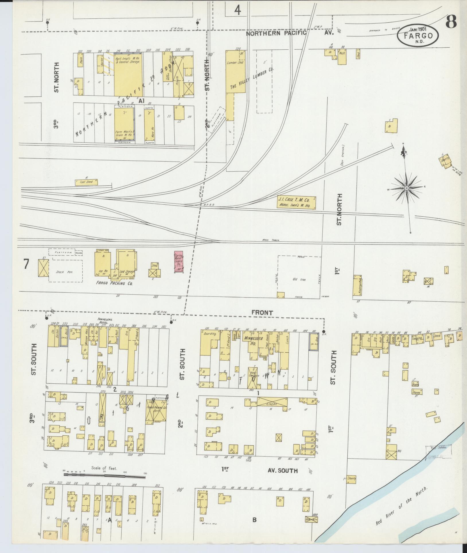 Sanborn Fire Insurance Map from Fargo, Cass County, North Dakota (1901), Sheet #0008 - Historic Sanborn Fire Insurance Map Print, vintage old map wall art, antique decor, genealogy gift, North Dakota North Dakota map