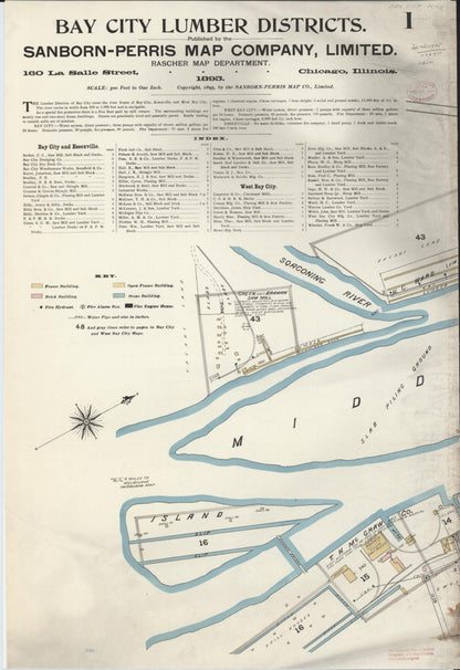 Sanborn Fire Insurance Map from Bay City, Bay County, Michigan (1895), Sheet #0001 - Complete Map Set gallery image, historic Sanborn map, vintage wall art, Michigan Michigan