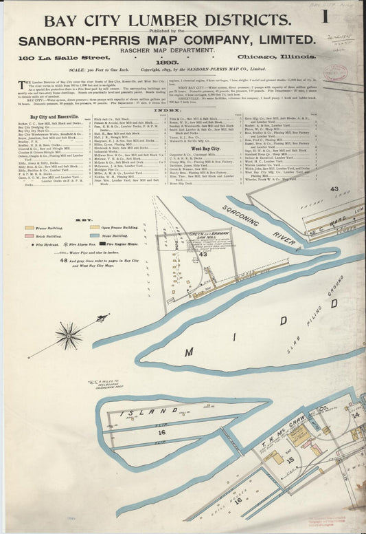 Sanborn Fire Insurance Map from Bay City, Bay County, Michigan (1895), Sheet #0001 - Complete Map Set gallery image, historic Sanborn map, vintage wall art, Michigan Michigan