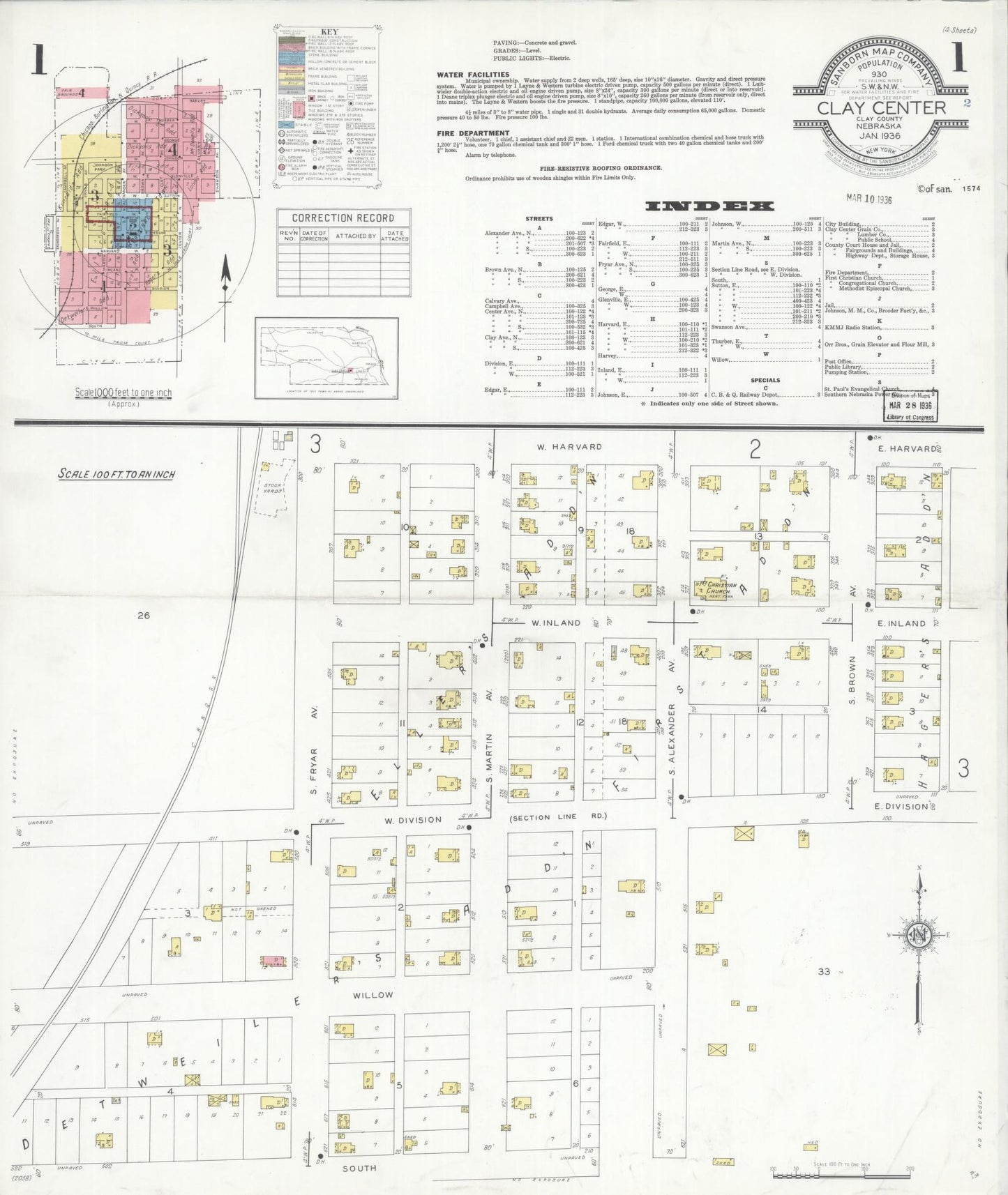 Sanborn Fire Insurance Map from Clay Center, Clay County, Nebraska (1936), Sheet #0001 - Historic Sanborn Fire Insurance Map Print, vintage old map wall art, antique decor, genealogy gift, Nebraska Nebraska map