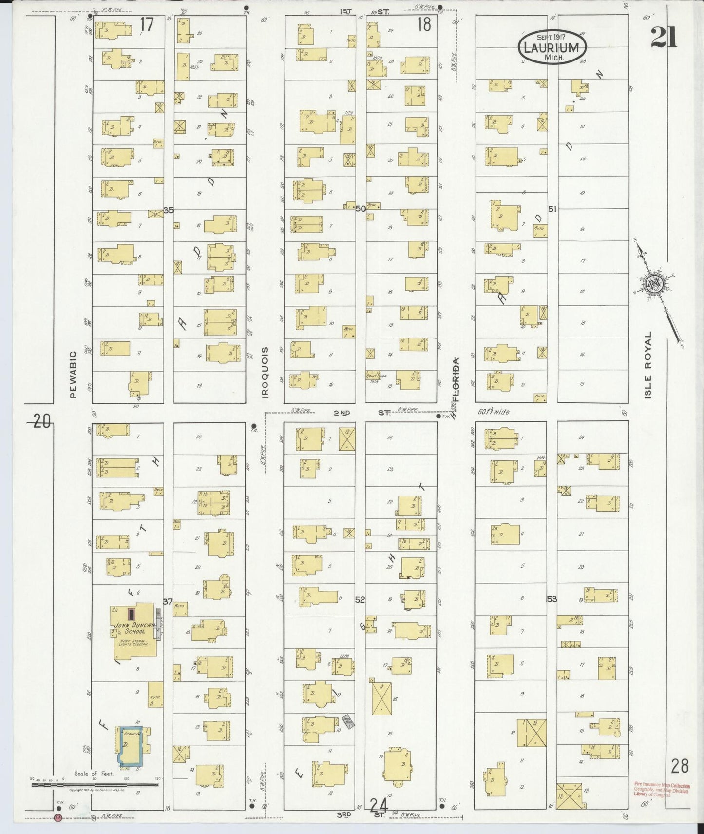 Sanborn Fire Insurance Map from Laurium, Houghton County, Michigan (1917), Sheet #0021 - Complete Map Set gallery image, historic Sanborn map, vintage wall art, Michigan Michigan