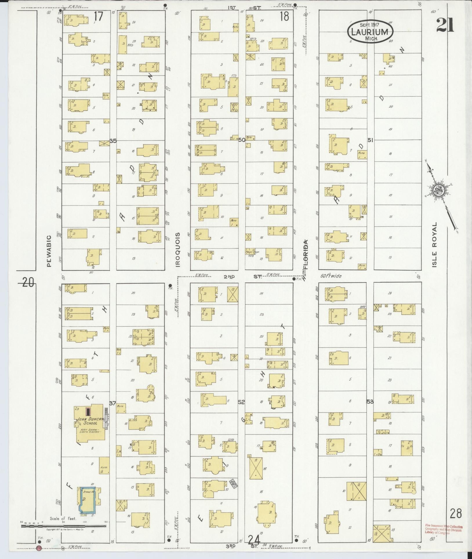 Sanborn Fire Insurance Map from Laurium, Houghton County, Michigan (1917), Sheet #0021 - Complete Map Set gallery image, historic Sanborn map, vintage wall art, Michigan Michigan