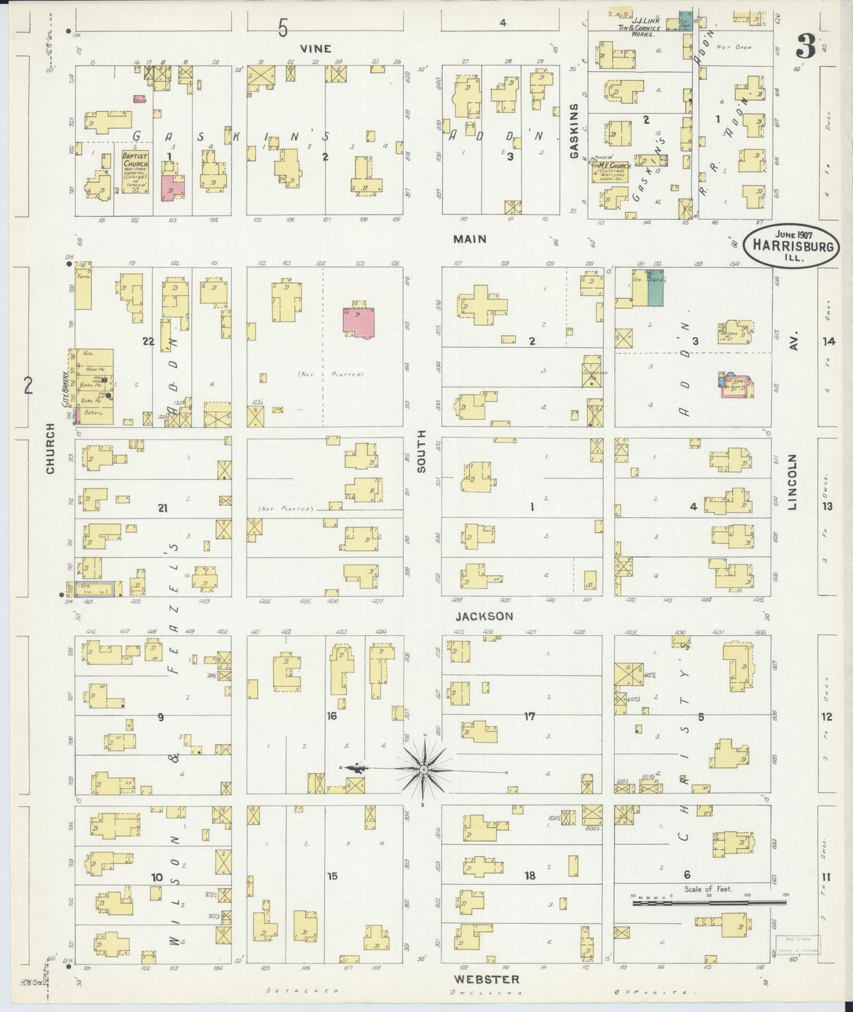 Sanborn Fire Insurance Map from Harrisburg, Saline County, Illinois (1907), Sheet #0003 - Complete Map Set gallery image, historic Sanborn map, vintage wall art, Illinois Illinois
