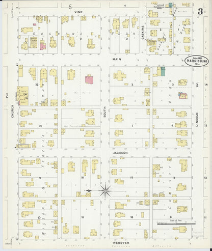 Sanborn Fire Insurance Map from Harrisburg, Saline County, Illinois (1907), Sheet #0003 - Complete Map Set gallery image, historic Sanborn map, vintage wall art, Illinois Illinois