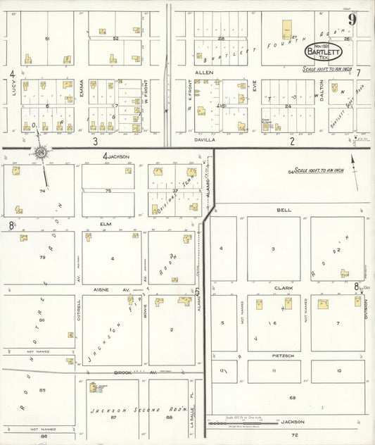 Sanborn Fire Insurance Map from Bartlett, Bell and Williamson Counties, Texas (1921), Sheet #0009 - Historic Sanborn Fire Insurance Map Print, vintage old map wall art, antique decor, genealogy gift, Texas Texas map