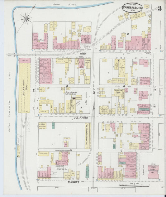 Sanborn Fire Insurance Map from Parkersburg, Wood County, West Virginia (1889), Sheet #0003 - Historic Sanborn Fire Insurance Map Print, vintage old map wall art, antique decor, genealogy gift, West Virginia West Virginia map