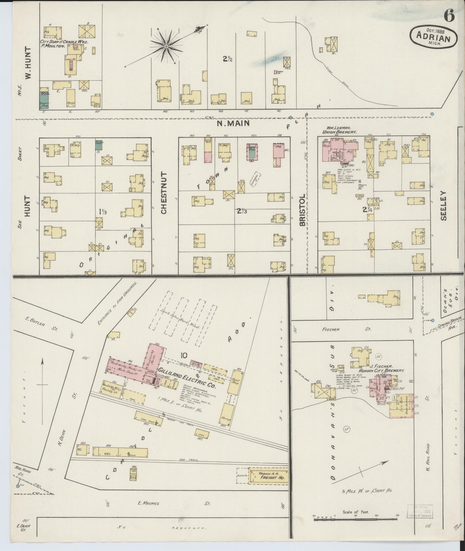 Sanborn Fire Insurance Map from Adrian, Lenawee County, Michigan (1888), Sheet #0006 - Historic Sanborn Fire Insurance Map Print, vintage old map wall art, antique decor, genealogy gift, Michigan Michigan map