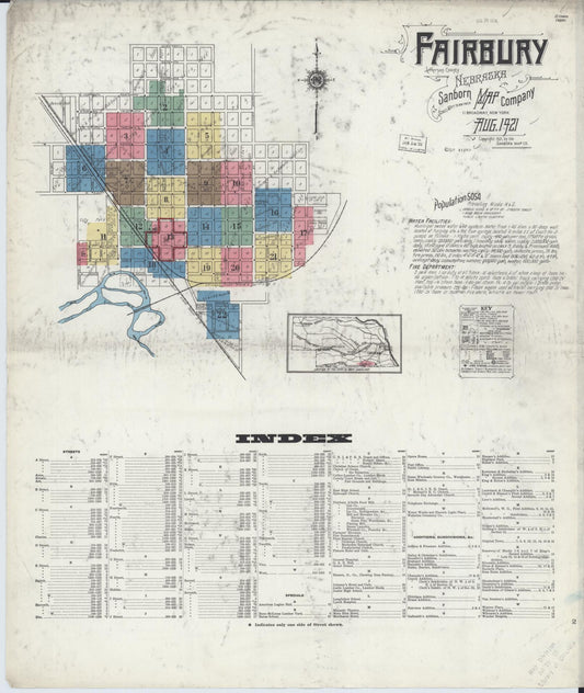 Sanborn Fire Insurance Map from Fairbury, Jefferson County, Nebraska (1921), Sheet #0001 - Complete Map Set gallery image, historic Sanborn map, vintage wall art, Nebraska Nebraska