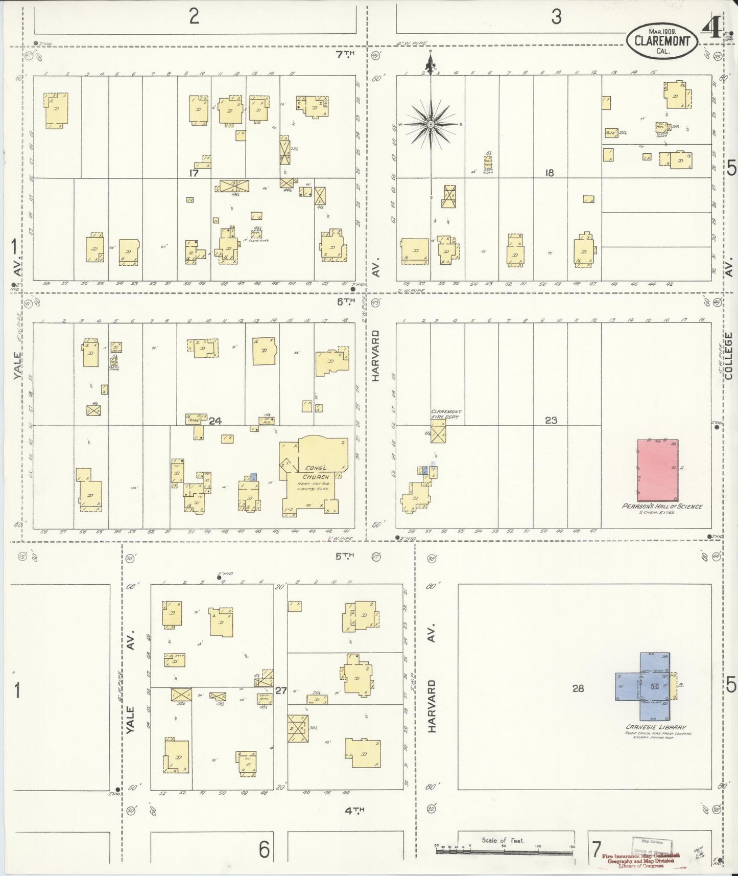 Sanborn Fire Insurance Map from Claremont, Los Angeles County, California (1909), Sheet #0004 - Historic Sanborn Fire Insurance Map Print, vintage old map wall art, antique decor, genealogy gift, California California map