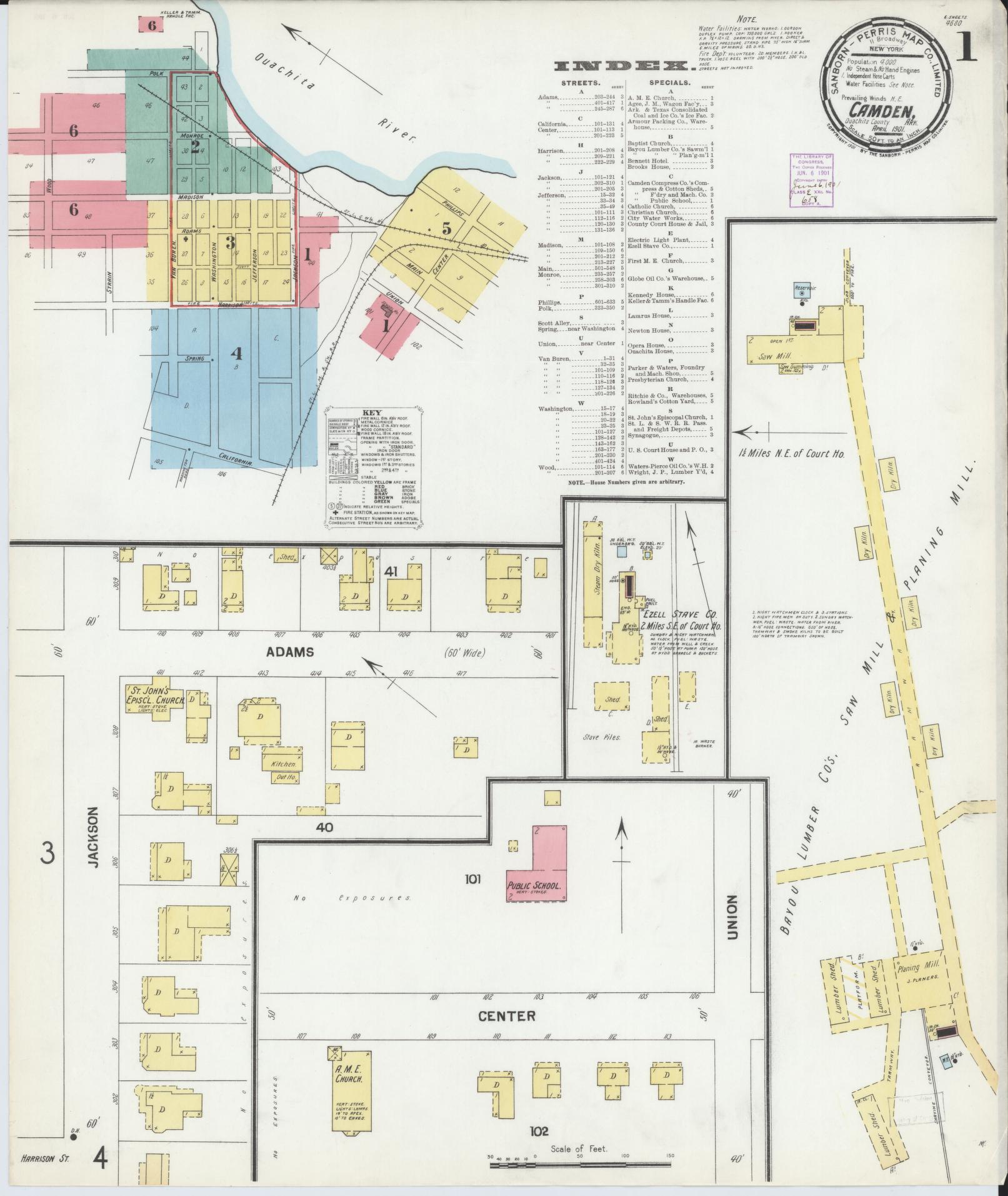 Sanborn Fire Insurance Map from Camden, Ouachita County, Arkansas (1901), Sheet #0001 - Complete Map Set gallery image, historic Sanborn map, vintage wall art, Arkansas Arkansas