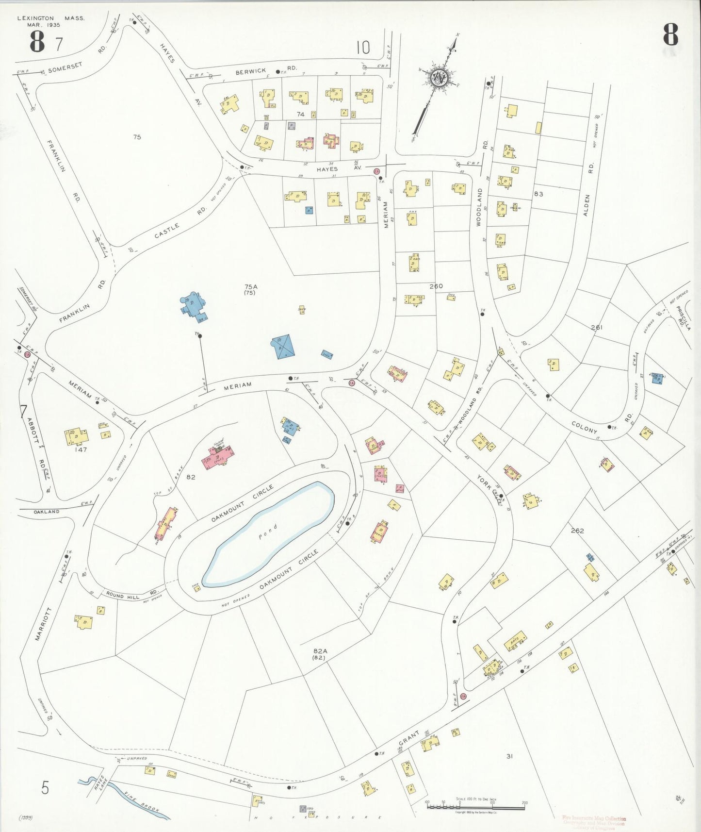 Sanborn Fire Insurance Map from Lexington, Middlesex County, Massachusetts (1935), Sheet #0008 - Historic Sanborn Fire Insurance Map Print, vintage old map wall art, antique decor, genealogy gift, Massachusetts Massachusetts map