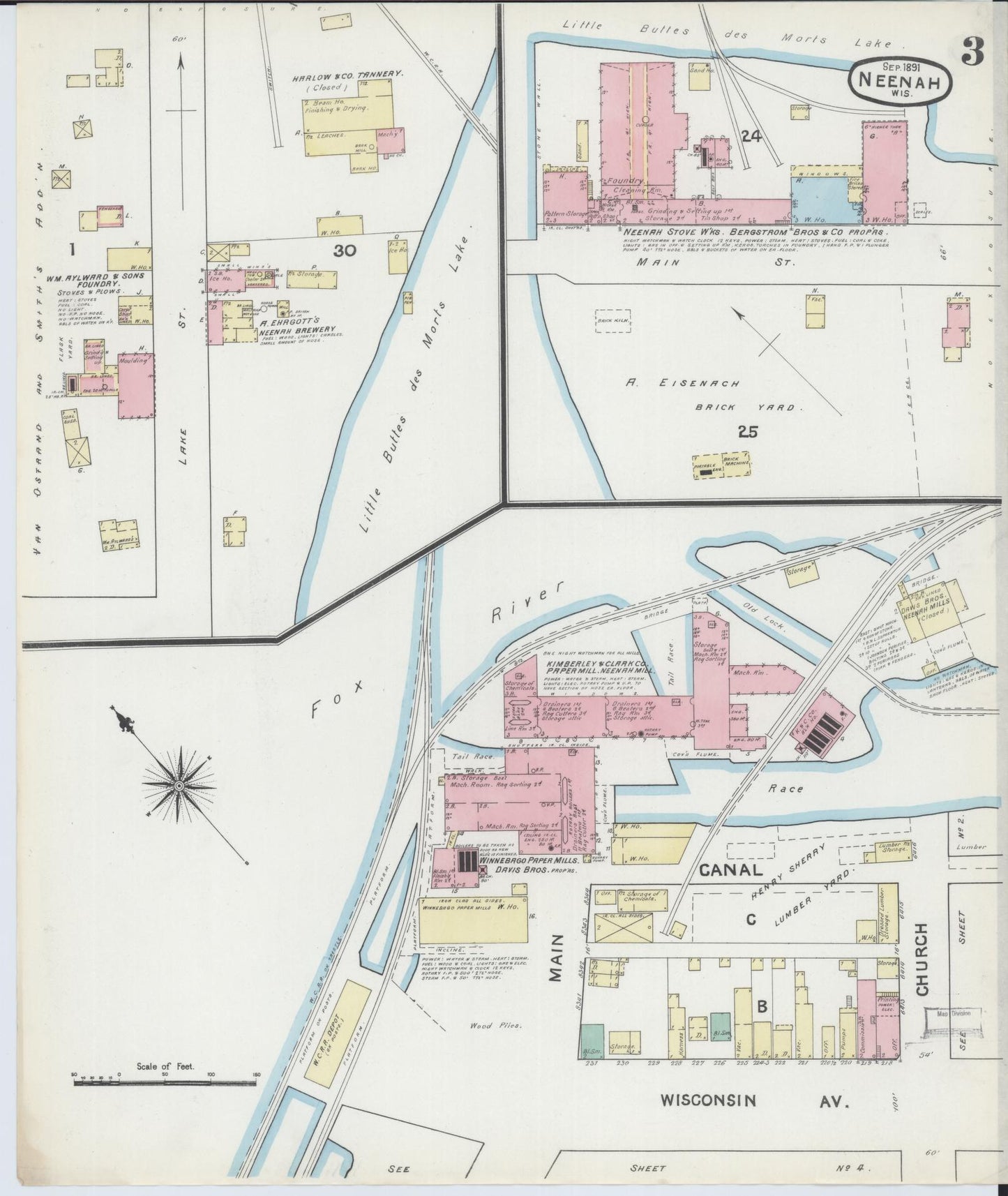 Sanborn Fire Insurance Map from Neenah, Winnebago County, Wisconsin (1891), Sheet #0003 - Complete Map Set gallery image, historic Sanborn map, vintage wall art, Wisconsin Wisconsin