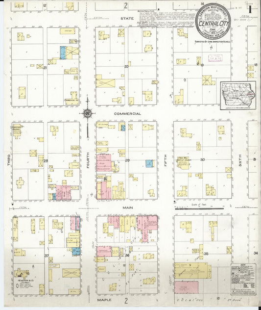 Sanborn Fire Insurance Map from Central City, Linn County, Iowa (1913), Sheet #0001 - Historic Sanborn Fire Insurance Map Print, vintage old map wall art