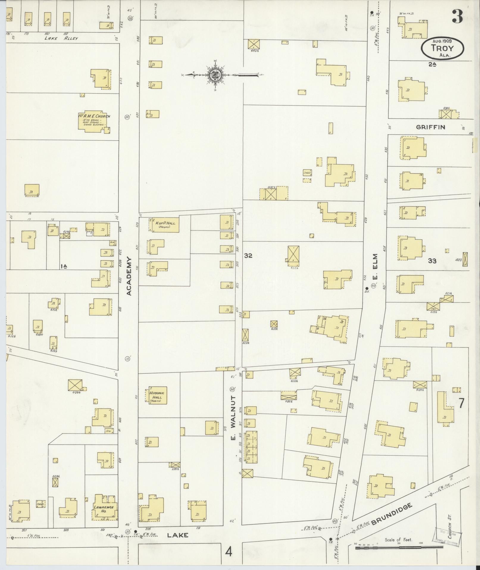 Sanborn Fire Insurance Map from Troy, Pike County, Alabama (1909), Sheet #0003 - Historic Sanborn Fire Insurance Map Print, vintage old map wall art, antique decor, genealogy gift, Alabama Alabama map
