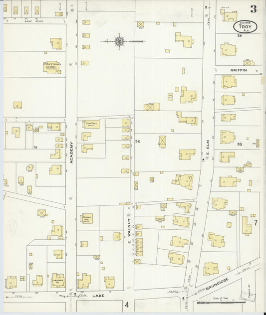 Sanborn Fire Insurance Map from Troy, Pike County, Alabama (1909), Sheet #0003 - Historic Sanborn Fire Insurance Map Print, vintage old map wall art, antique decor, genealogy gift, Alabama Alabama map