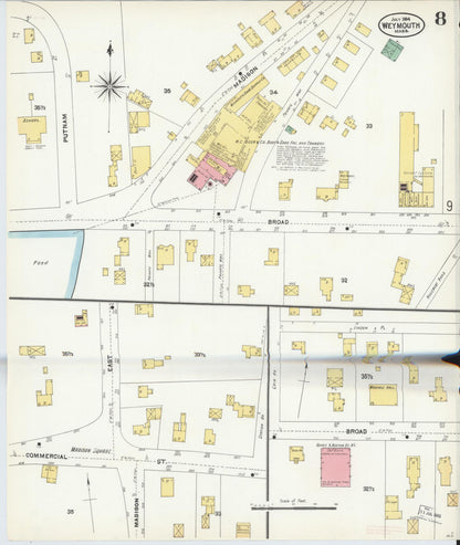 Sanborn Fire Insurance Map from Weymouth, Norfolk County, Massachusetts (1904), Sheet #0008 - Historic Sanborn Fire Insurance Map Print, vintage old map wall art, antique decor, genealogy gift, Massachusetts Massachusetts map