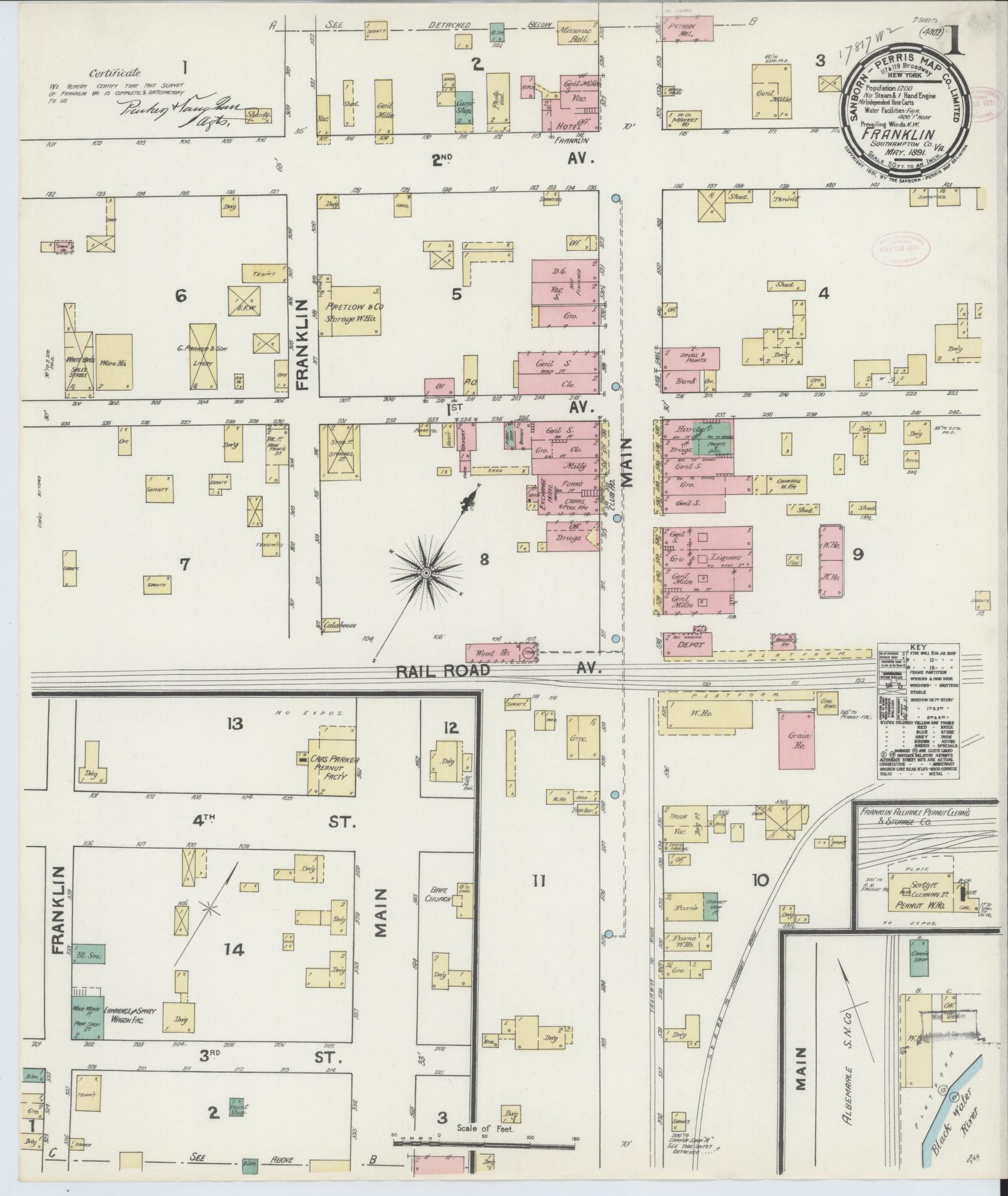 Sanborn Fire Insurance Map from Franklin, Independent Cities, Virginia (1891), Sheet #0001 - Complete Map Set gallery image, historic Sanborn map, vintage wall art, Virginia Virginia