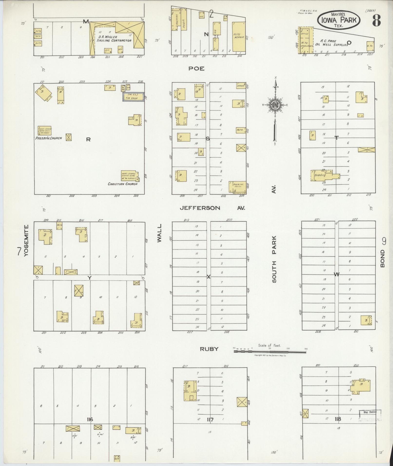 Sanborn Fire Insurance Map from Iowa Park, Wichita County, Texas (1921), Sheet #0008 - Historic Sanborn Fire Insurance Map Print, vintage old map wall art