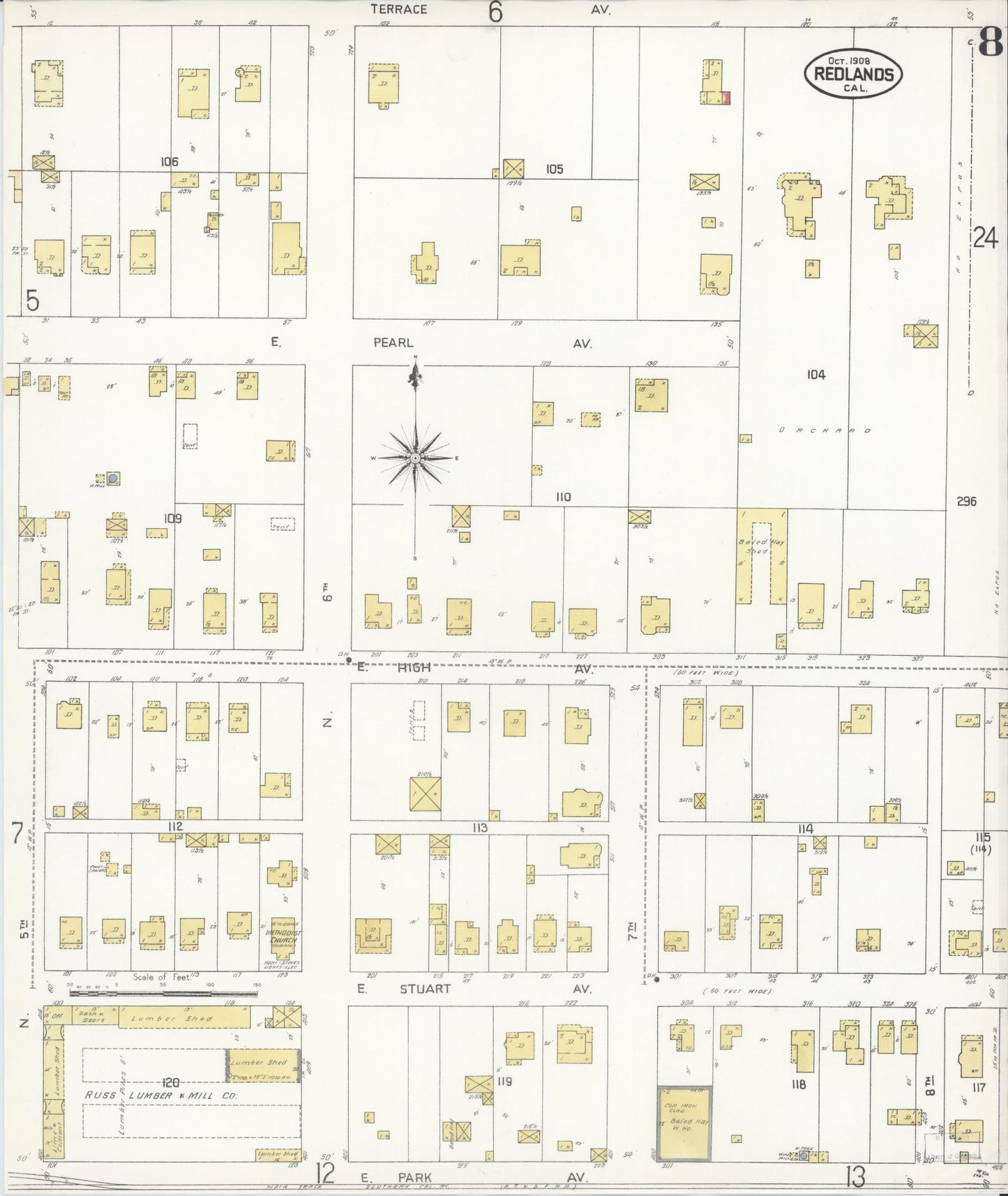 Sanborn Fire Insurance Map from Redlands, San Bernardino County, California (1908), Sheet #0008 - Complete Map Set gallery image, historic Sanborn map, vintage wall art, California California