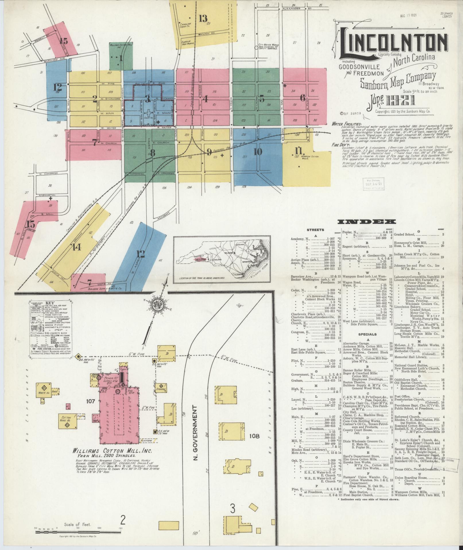 Sanborn Fire Insurance Map from Lincolnton, Lincoln County, North Carolina (1921), Sheet #0001 - Historic Sanborn Fire Insurance Map Print, vintage old map wall art, antique decor, genealogy gift, North Carolina North Carolina map