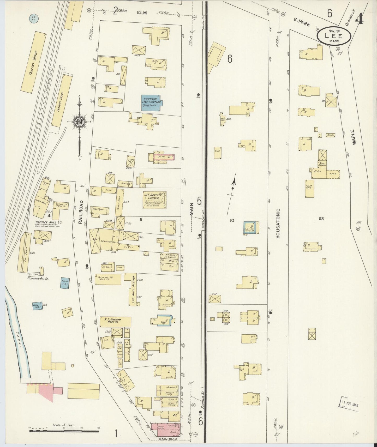 Sanborn Fire Insurance Map from Lee, Berkshire County, Massachusetts (1911), Sheet #0004 - Historic Sanborn Fire Insurance Map Print, vintage old map wall art, antique decor, genealogy gift, Massachusetts Massachusetts map
