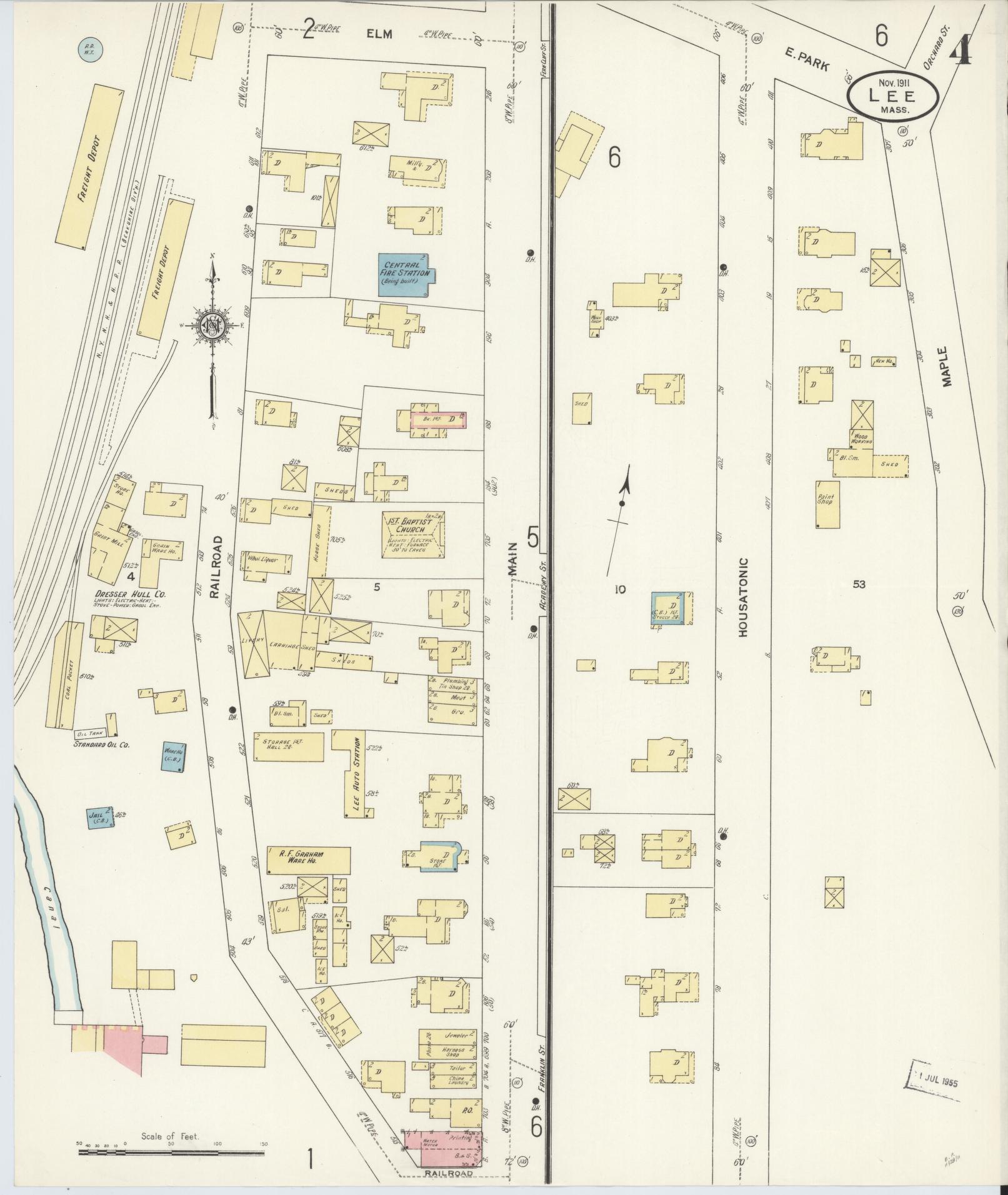 Sanborn Fire Insurance Map from Lee, Berkshire County, Massachusetts (1911), Sheet #0004 - Historic Sanborn Fire Insurance Map Print, vintage old map wall art, antique decor, genealogy gift, Massachusetts Massachusetts map