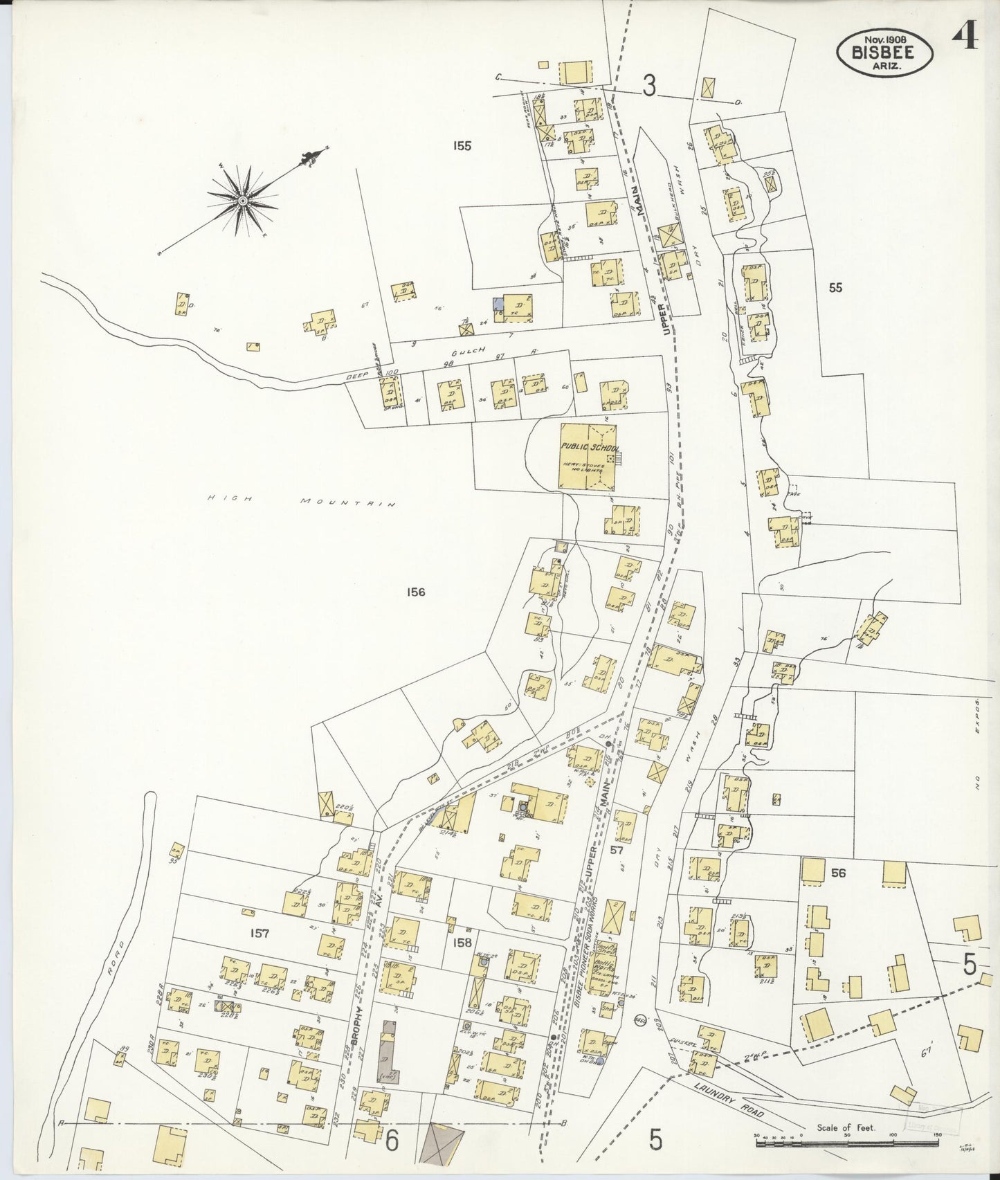 Sanborn Fire Insurance Map from Bisbee, Cochise County, Arizona (1908), Sheet #0004 - Historic Sanborn Fire Insurance Map Print, vintage old map wall art, antique decor, genealogy gift, Arizona Arizona map