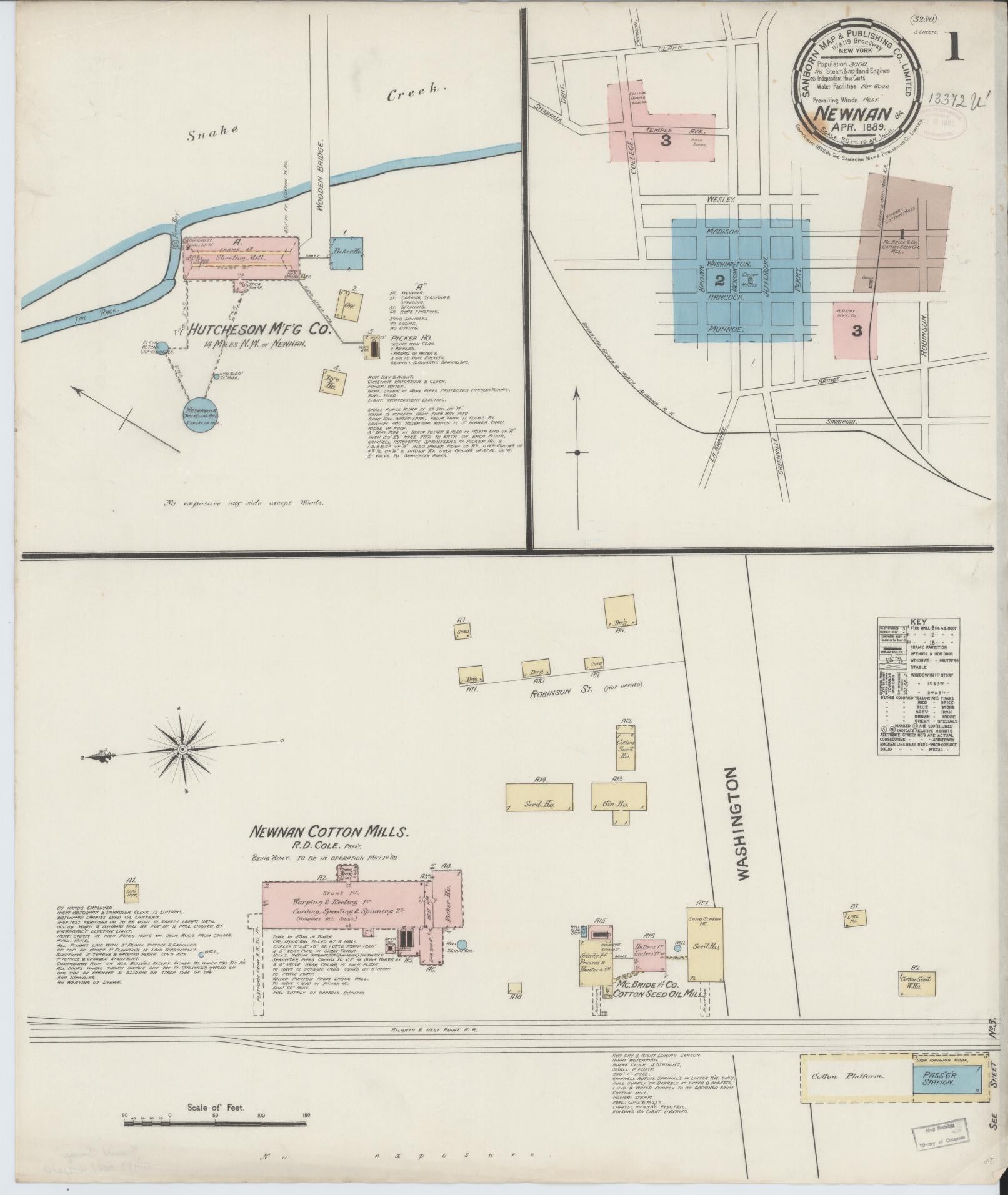Sanborn Fire Insurance Map from Newnan, Coweta County, Georgia (1889), Sheet #0001 - Historic Sanborn Fire Insurance Map Print, vintage old map wall art, antique decor, genealogy gift, Georgia Georgia map