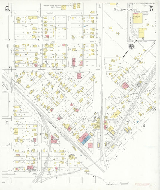 Sanborn Fire Insurance Map from North Vernon, Jennings County, Indiana (1937), Sheet #0005 - Historic Sanborn Fire Insurance Map Print, vintage old map wall art, antique decor, genealogy gift, Indiana Indiana map