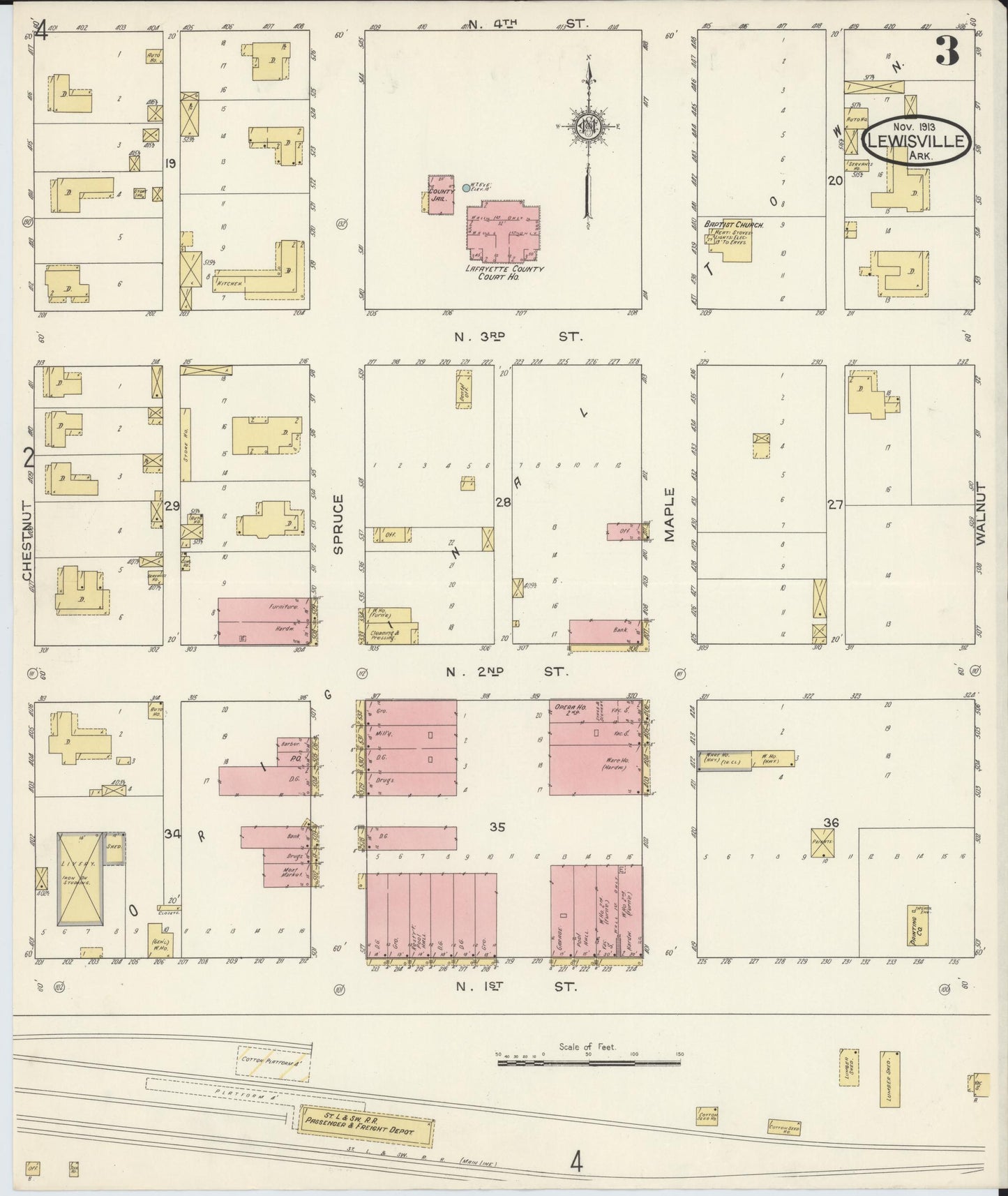 Sanborn Fire Insurance Map from Lewisville, Lafayette County, Arkansas (1913), Sheet #0003 - Historic Sanborn Fire Insurance Map Print, vintage old map wall art, antique decor, genealogy gift, Arkansas Arkansas map