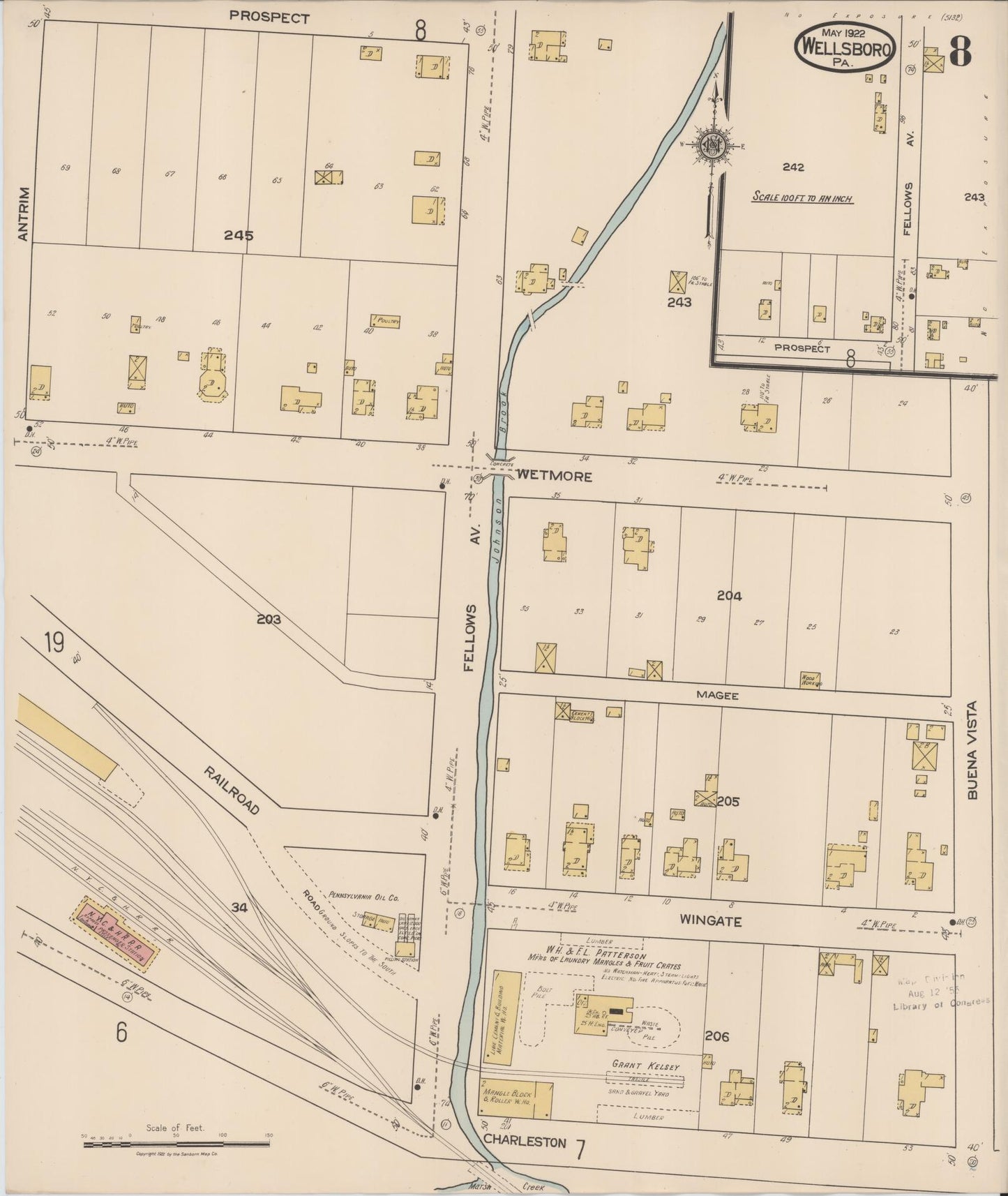 Sanborn Fire Insurance Map from Wellsboro, Tioga County, Pennsylvania (1922), Sheet #0008 - Complete Map Set gallery image, historic Sanborn map, vintage wall art, Pennsylvania Pennsylvania
