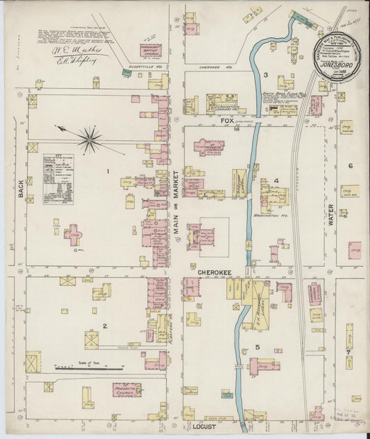 Sanborn Fire Insurance Map from Jonesboro, Washington County, Tennessee (1888), Sheet #0001 - Historic Sanborn Fire Insurance Map Print, vintage old map wall art, antique decor, genealogy gift, Tennessee Tennessee map